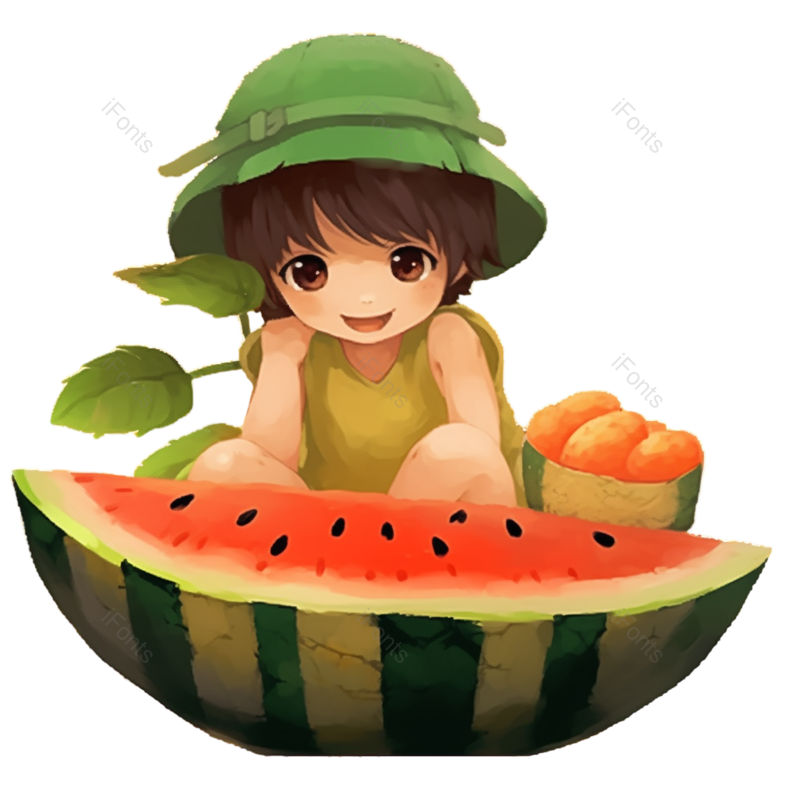 西瓜图片,荷花元素,童年PNG,儿童插画免抠素材